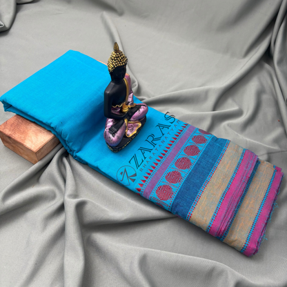 Bharatanatyam Dance Practice Saree - Blue with Pink Temple Coin Border image 1
