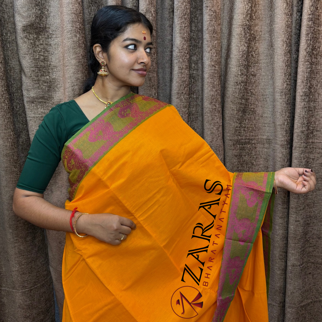 Bharatanatyam Dance Practice Saree - M Yellow Green Peacock Border image 0
