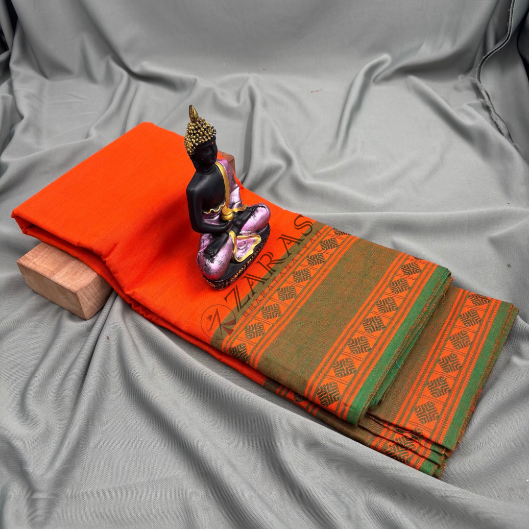 Bharatanatyam Dance Practice Saree - Orange with Green Double Diamond Border image 1