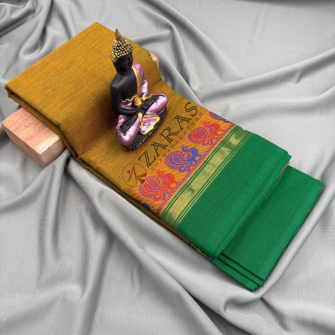 Bharatanatyam Dance Practice Saree - Mustard Mix Green Small Peacock Border image 0