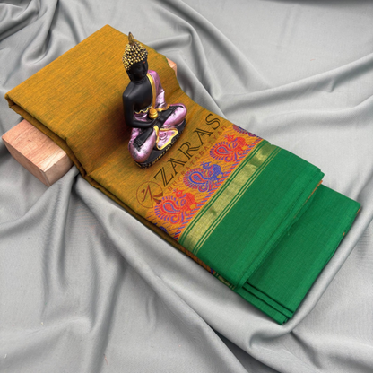 Bharatanatyam Dance Practice Saree - Mustard Mix Green Small Peacock Border image 0