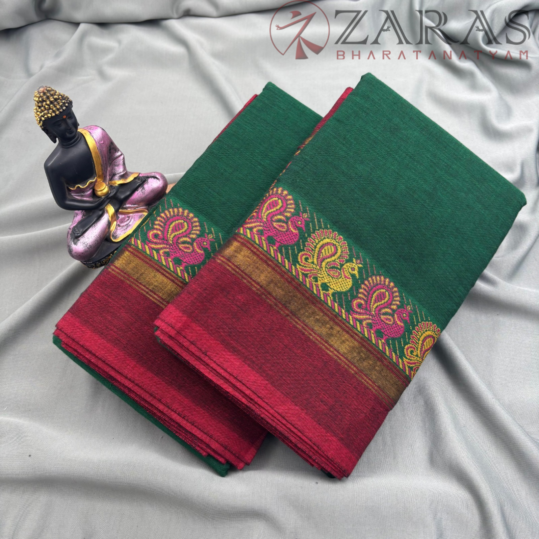 Bharatanatyam Dance Practice Saree - Green with Maroon Small Peacock Border image 1