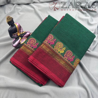 Bharatanatyam Dance Practice Saree - Green with Maroon Small Peacock Border image 1