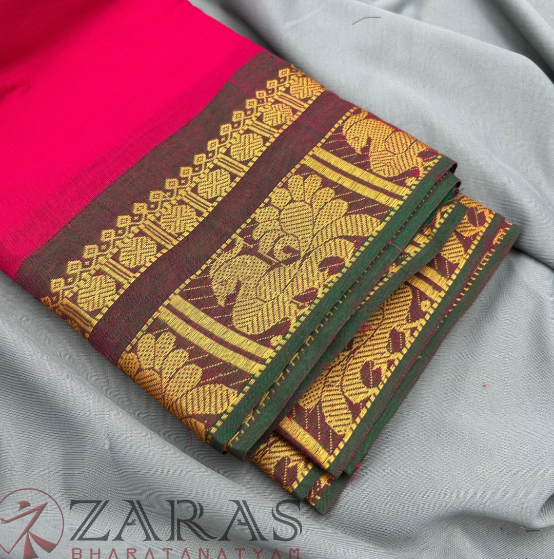 Bharatanatyam Dance Practice Saree - Pink with Green Big Peacock Border image 1