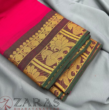 Bharatanatyam Dance Practice Saree - Pink with Green Big Peacock Border image 1