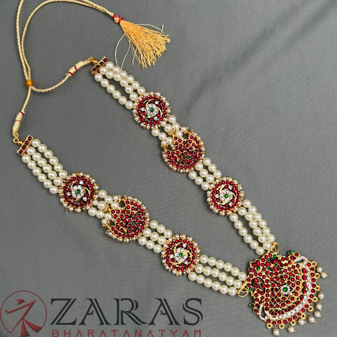 Bharatanatyam Dance Jewellery - 3 Line Beads Sun & Moon RG Kemp Haaram / Long Chain image 0