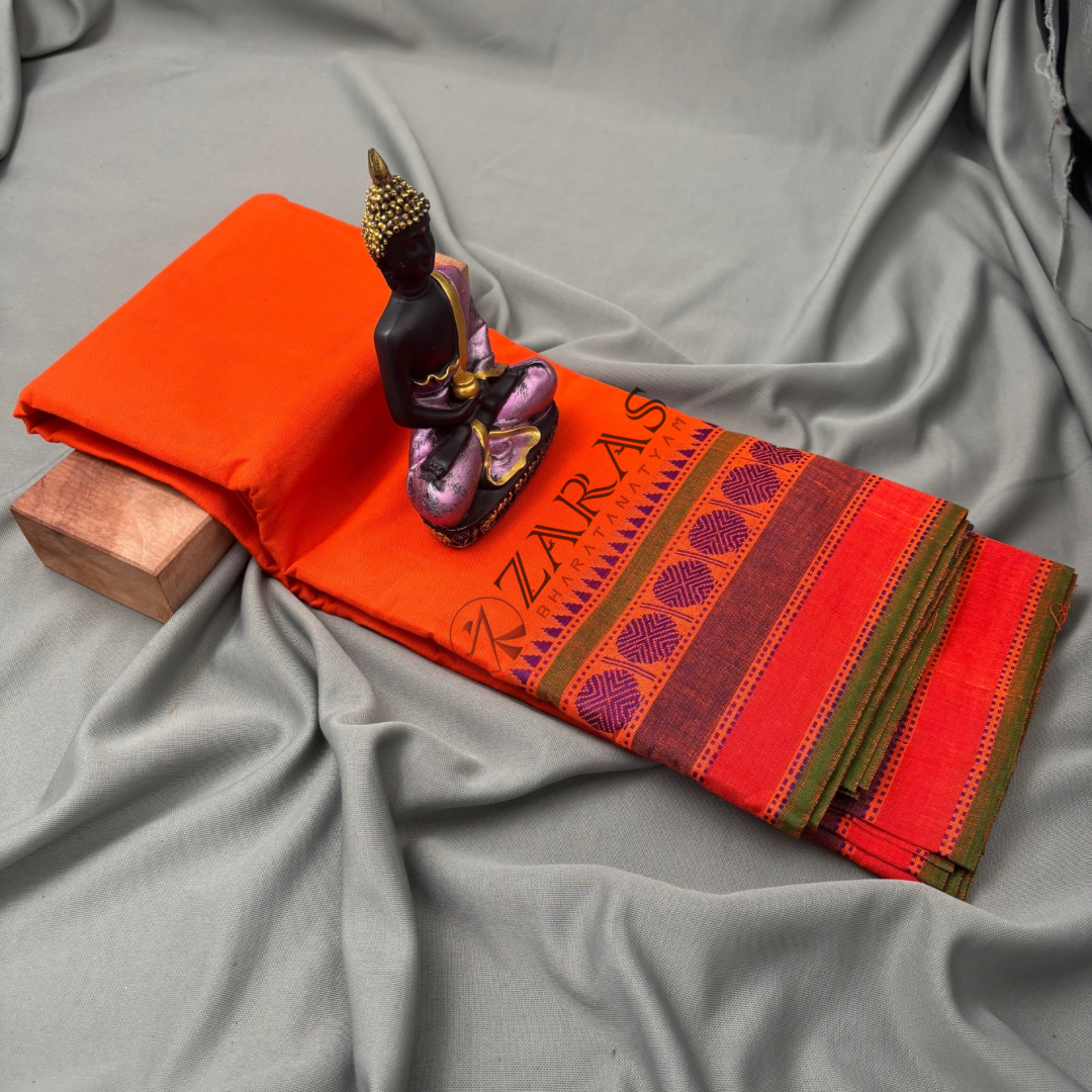 Bharatanatyam Dance Practice Saree - Orange with Green Temple Coin Border image 1