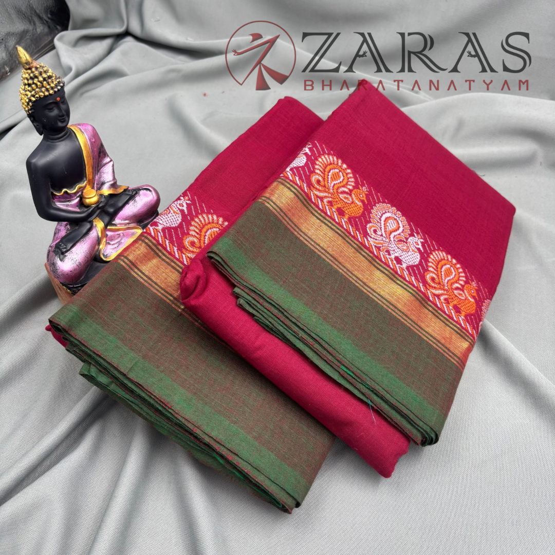 Bharatanatyam Dance Practice Saree - Maroon with Green Small Peacock Border image 1