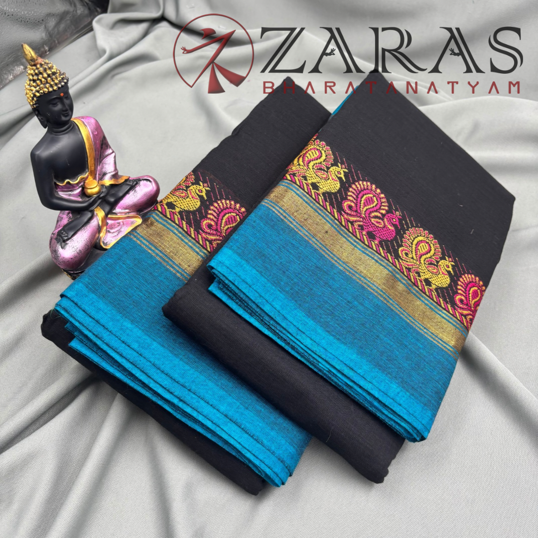 Bharatanatyam Dance Practice Saree - Black with Blue Small Peacock Border image 1