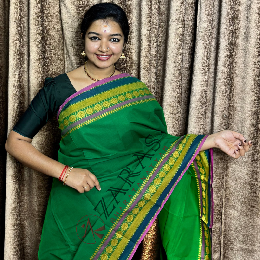 Bharatanatyam Dance Practice Saree - Green with Pink Temple Coin Border image 0