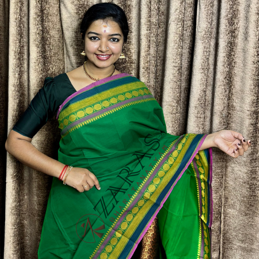 Bharatanatyam Dance Practice Saree - Green with Pink Temple Coin Border image 0