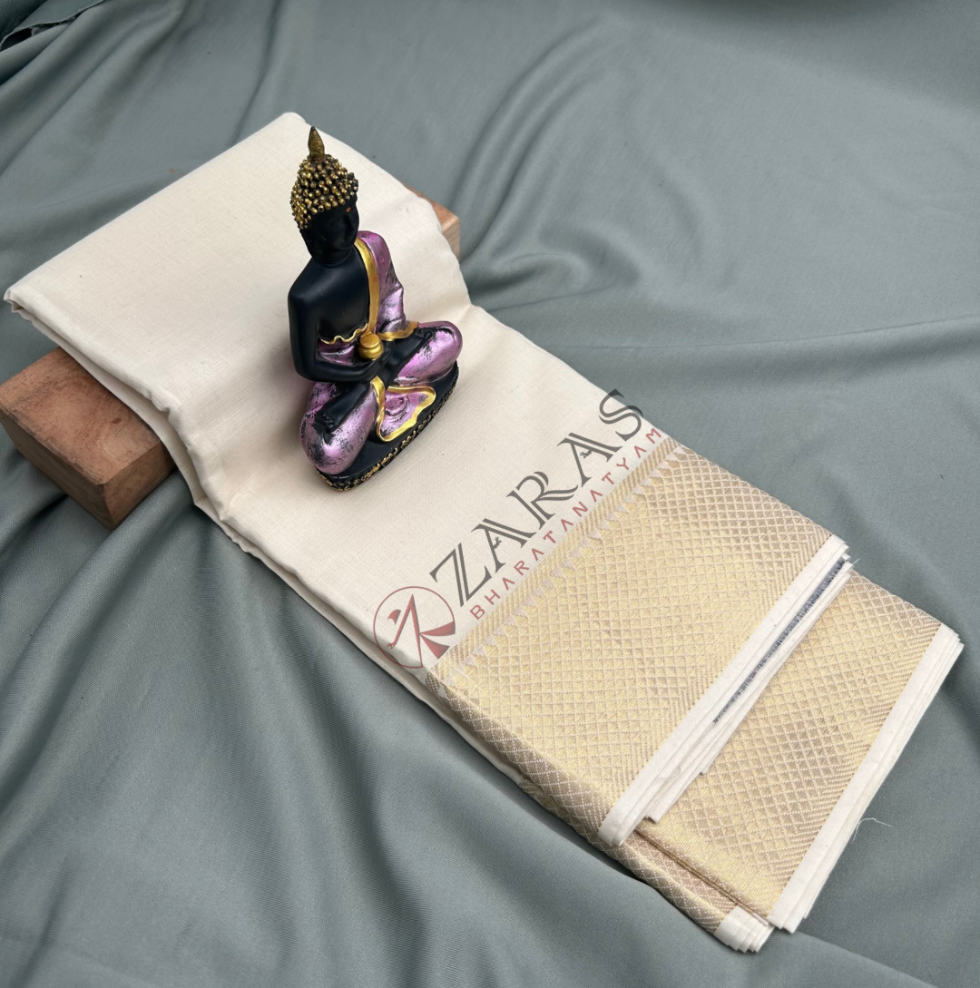 Bharatanatyam Dance Practice Saree - White with Gold Temple Border image 0