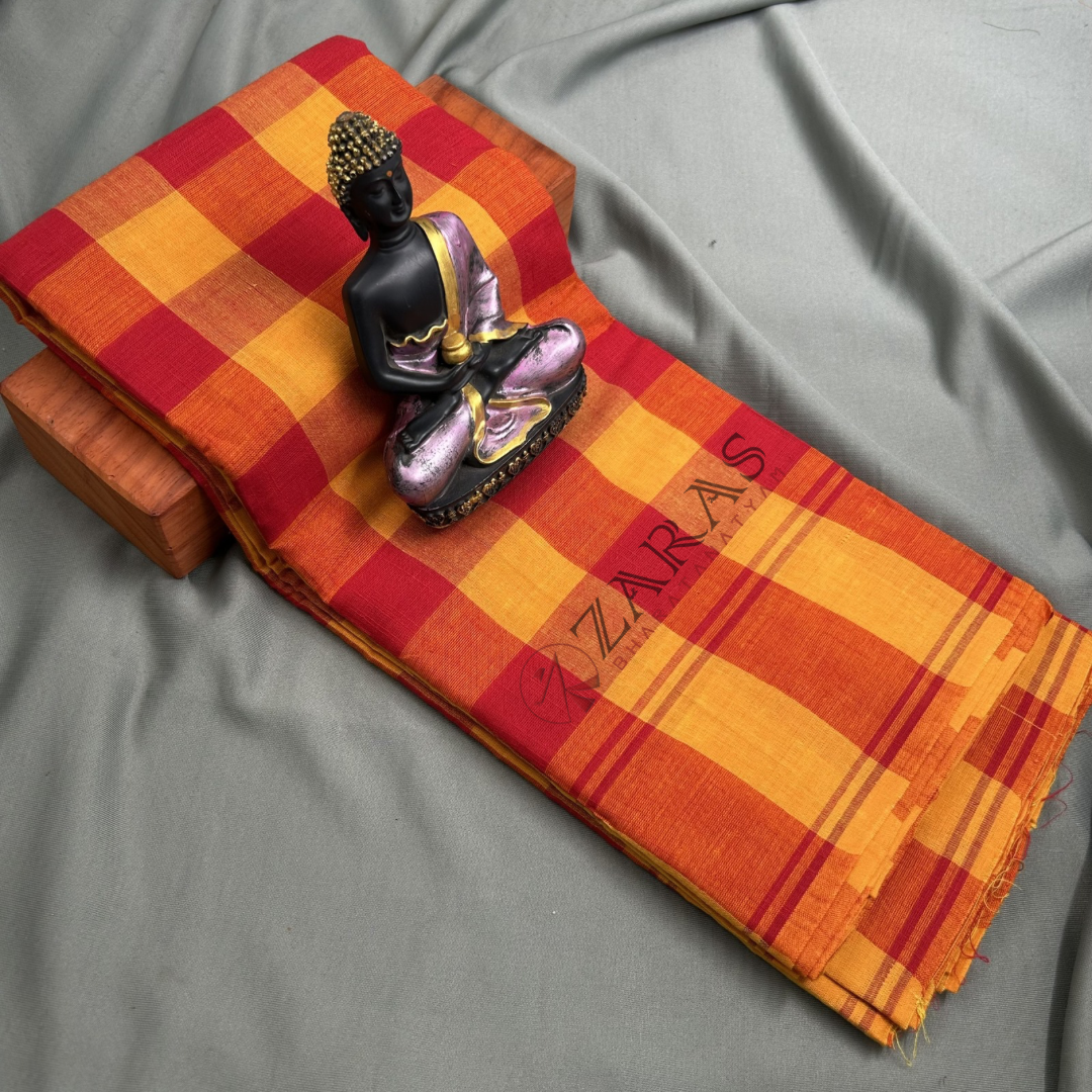 Bharatanatyam Dance Practice Saree - Red Mix Yellow Checked Plain Border image 0