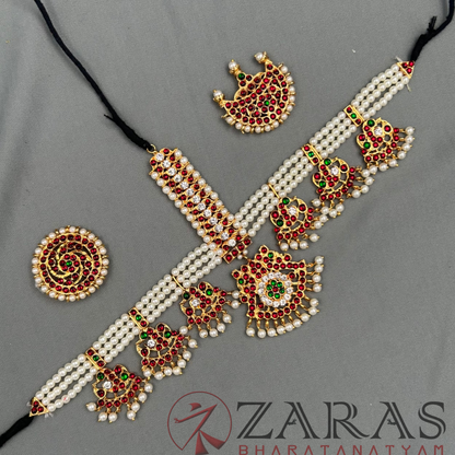 Bharatanatyam Dance Jewellery - Headset Peacock Design 3 Lines Pearls image 2