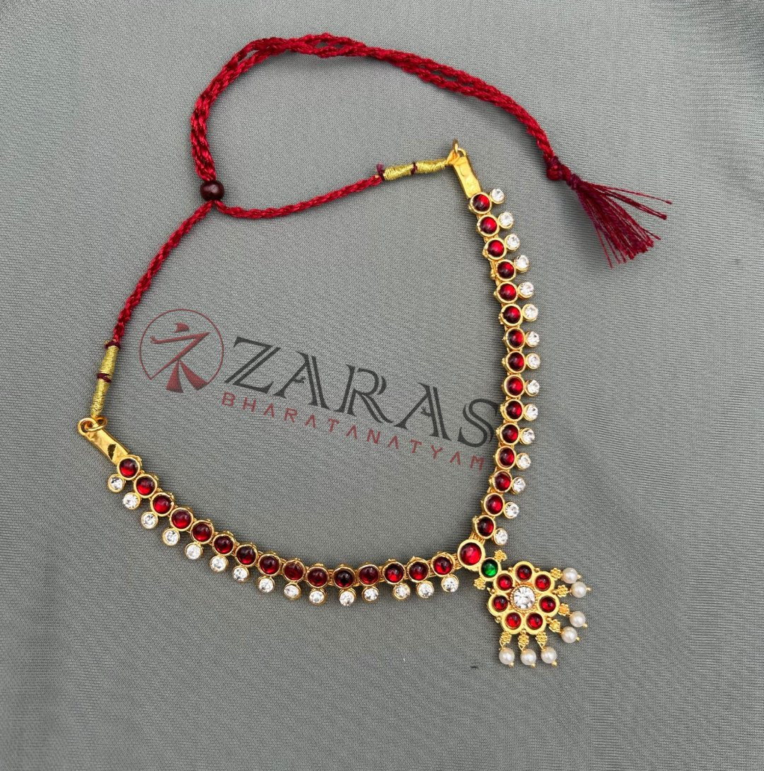Bharatanatyam Dance Jewellery - Necklace 1 Line Attigai & Flower Red Kemp CS image 0