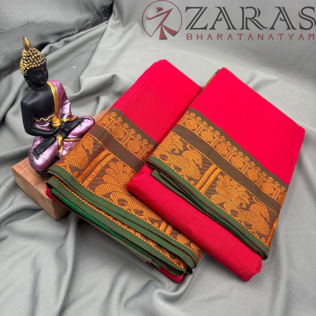 Bharatanatyam Dance Practice Saree - Red Green Mustard Big Peacock Border image 2