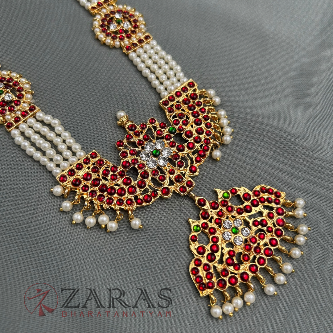Bharatanatyam Dance Jewellery - 4 Lines Beads with Sun RG Kemp Haaram / Long Chain image 3
