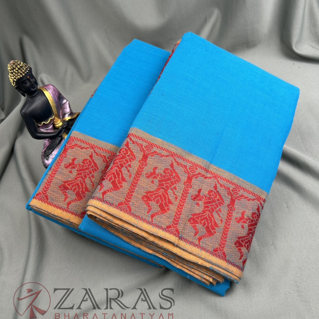Bharatanatyam Dance Practice Saree - L Blue with Red Doll Border image 1