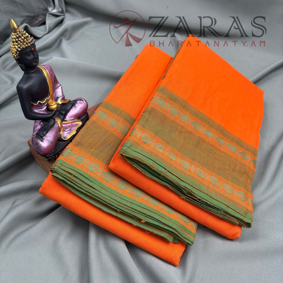 Bharatanatyam Dance Practice Saree - Orange with Green Coin Border image 2