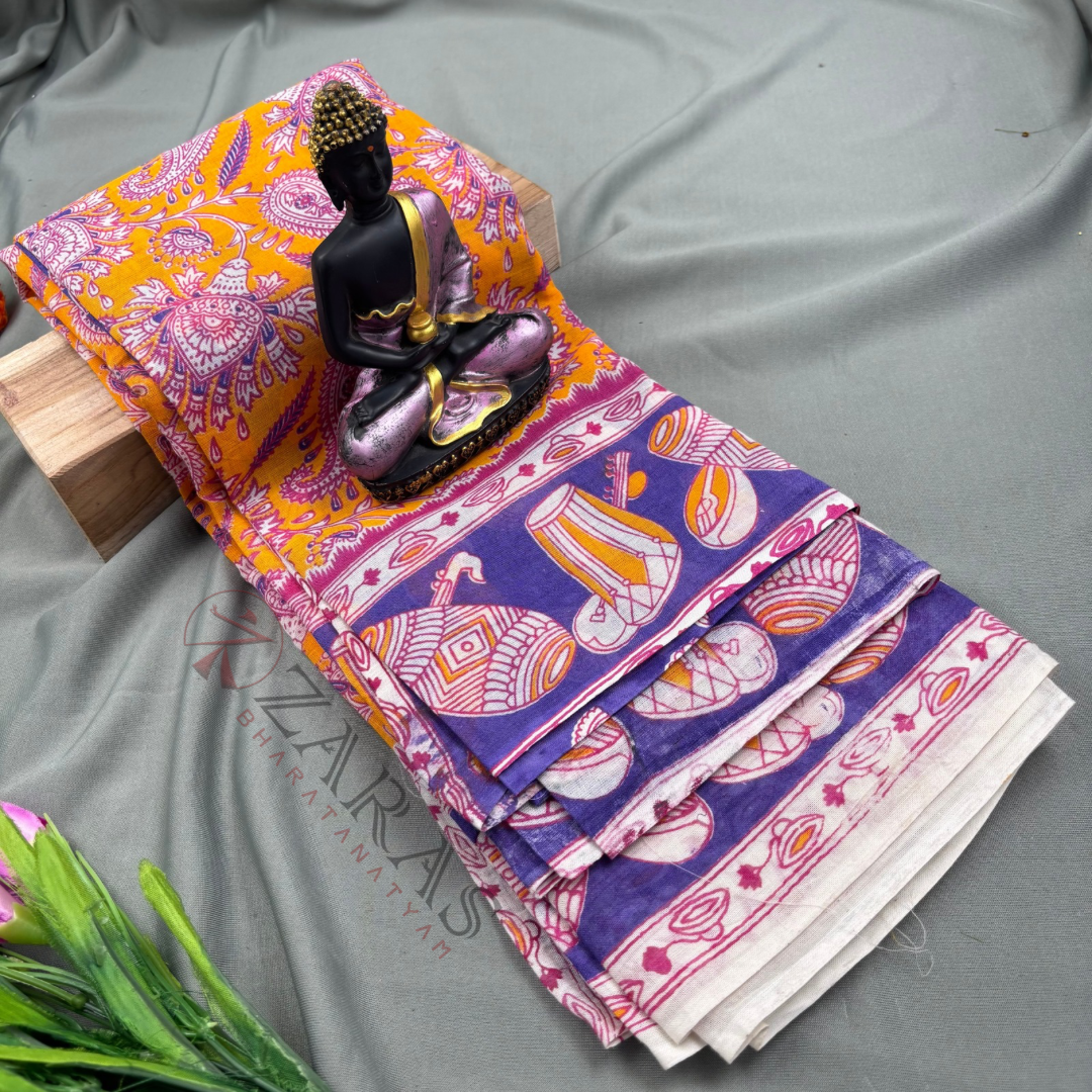 Bharatanatyam Dance Practice Saree - Yellow with Violet Kalamkari Saree image 0