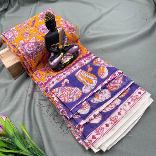 Bharatanatyam Dance Practice Saree - Yellow with Violet Kalamkari Saree image 0