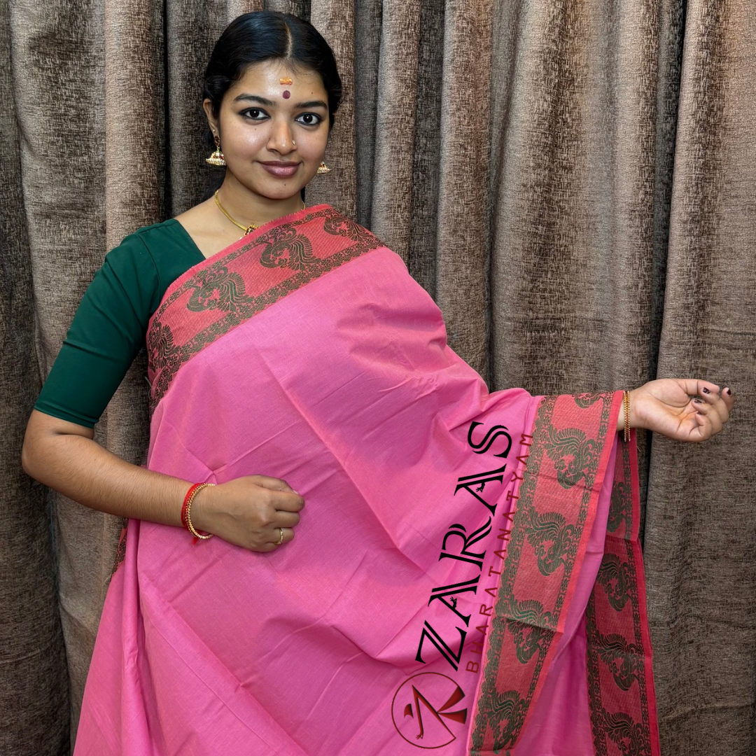 Bharatanatyam Dance Practice Saree - Baby Pink Green Peacock Border image 0