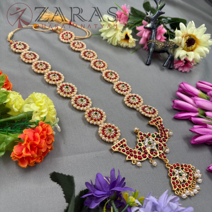 Bharatanatyam Dance Jewellery Haaram - Round Peacock RG Kemp CS Long Haaram image 2