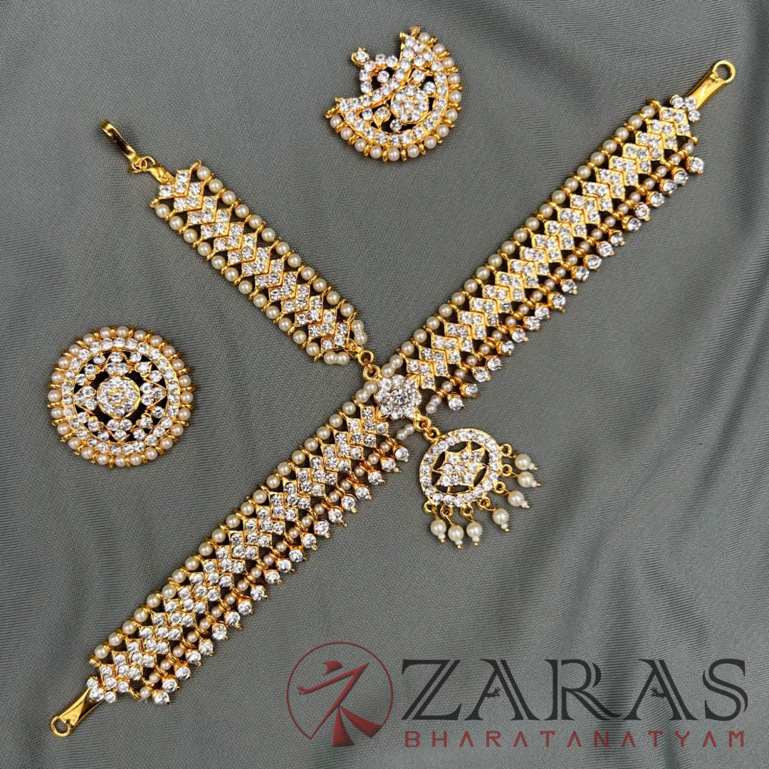 Bharatanatyam Dance Jewellery - V Gold with White Stone DS image 0