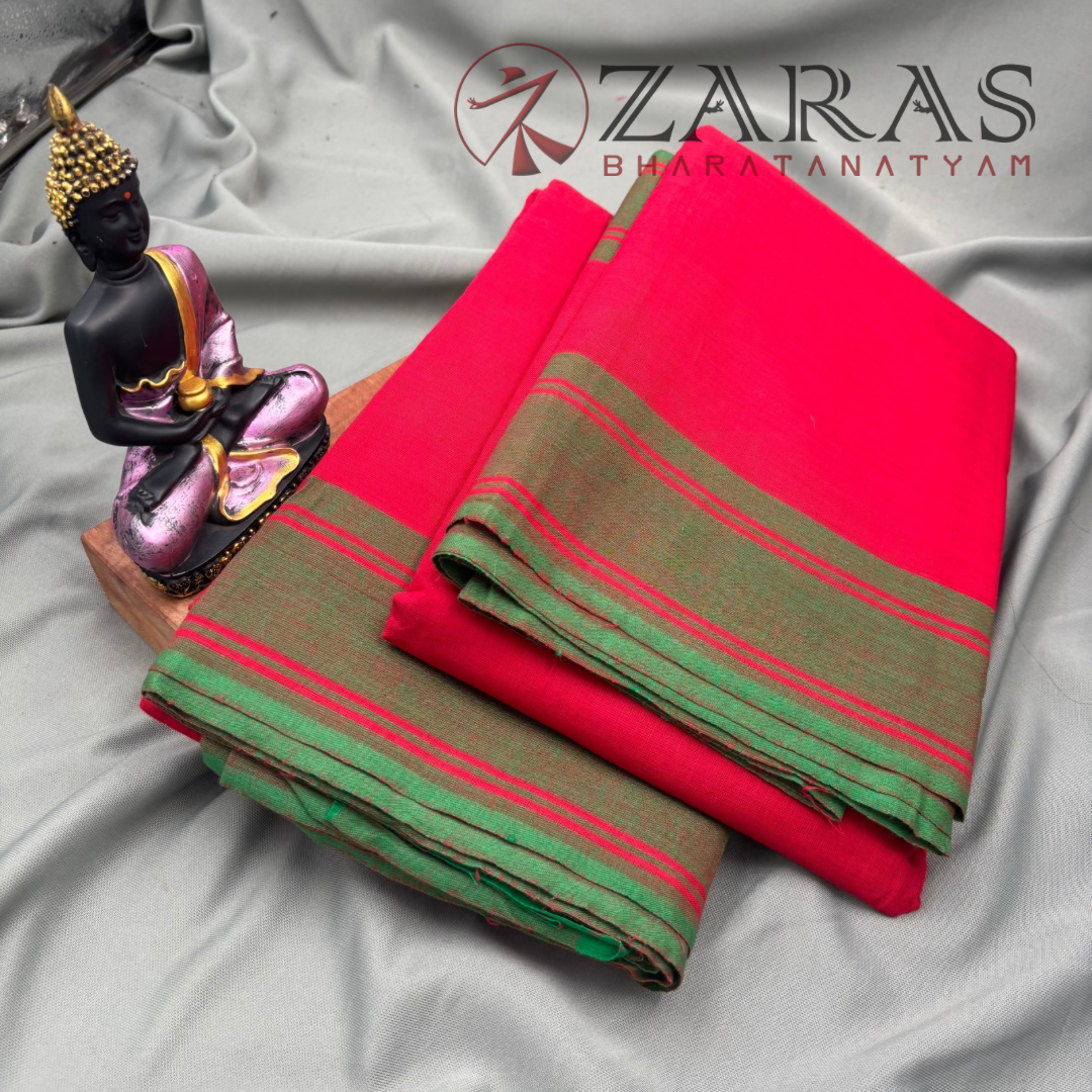 Bharatanatyam Dance Practice Saree - Red With Green Plain Border image 2