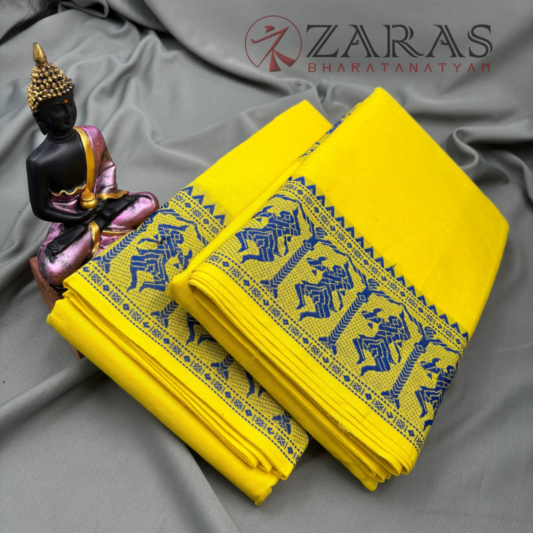 Bharatanatyam Dance Practice Saree - Lemon Yellow With Blue Doll Border image 2