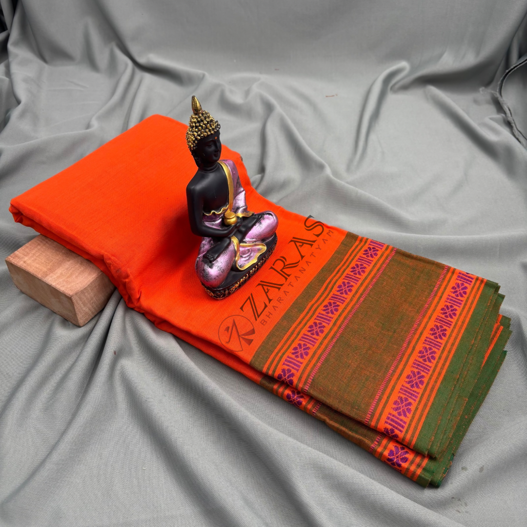 Bharatanatyam Dance Practice Saree - Orange with Green Double Flower Border image 1