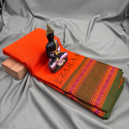 Bharatanatyam Dance Practice Saree - Orange with Green Double Flower Border image 1