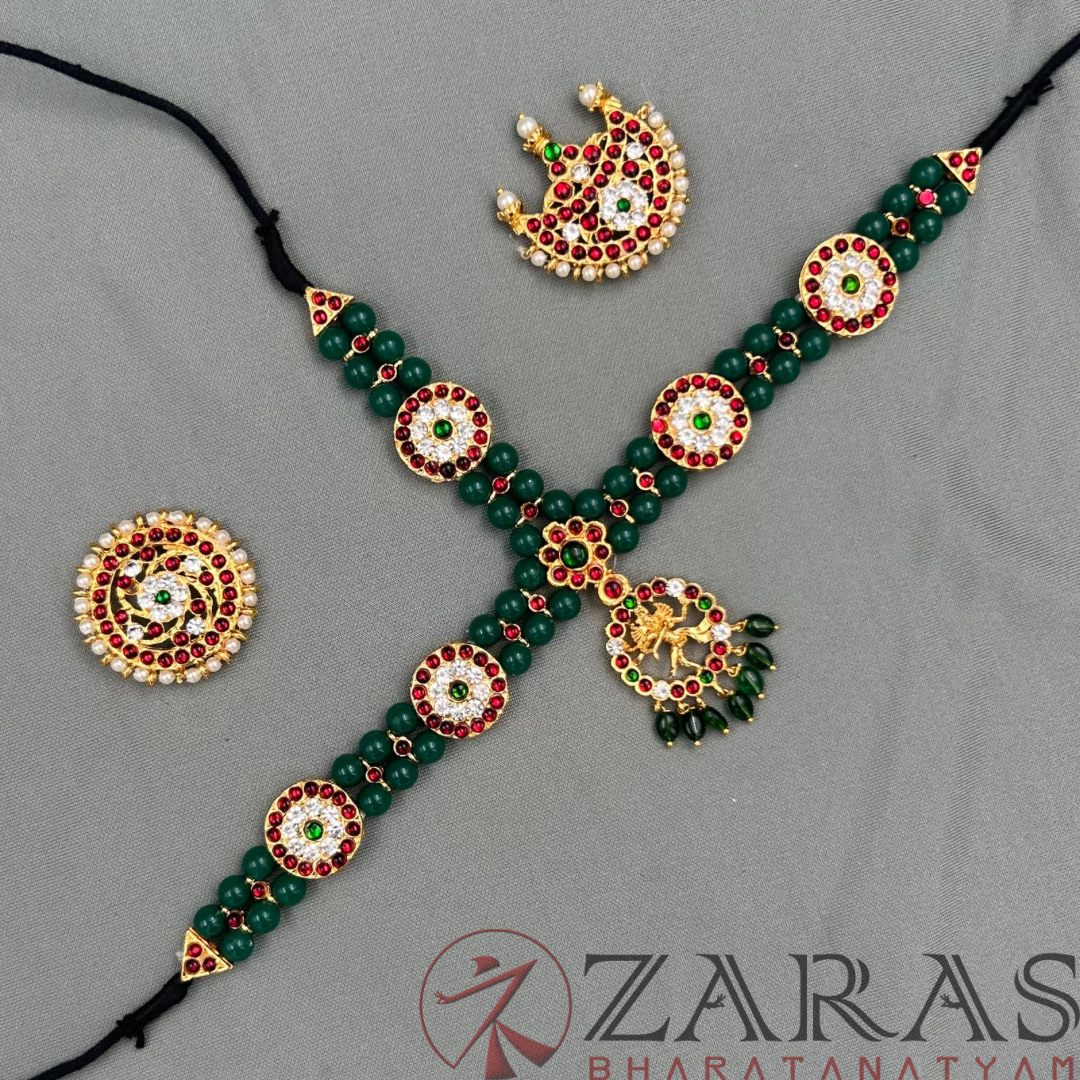 Bharatanatyam Dance Jewellery - Headset Nadaraj Pendent Green Pearls Kemp image 2