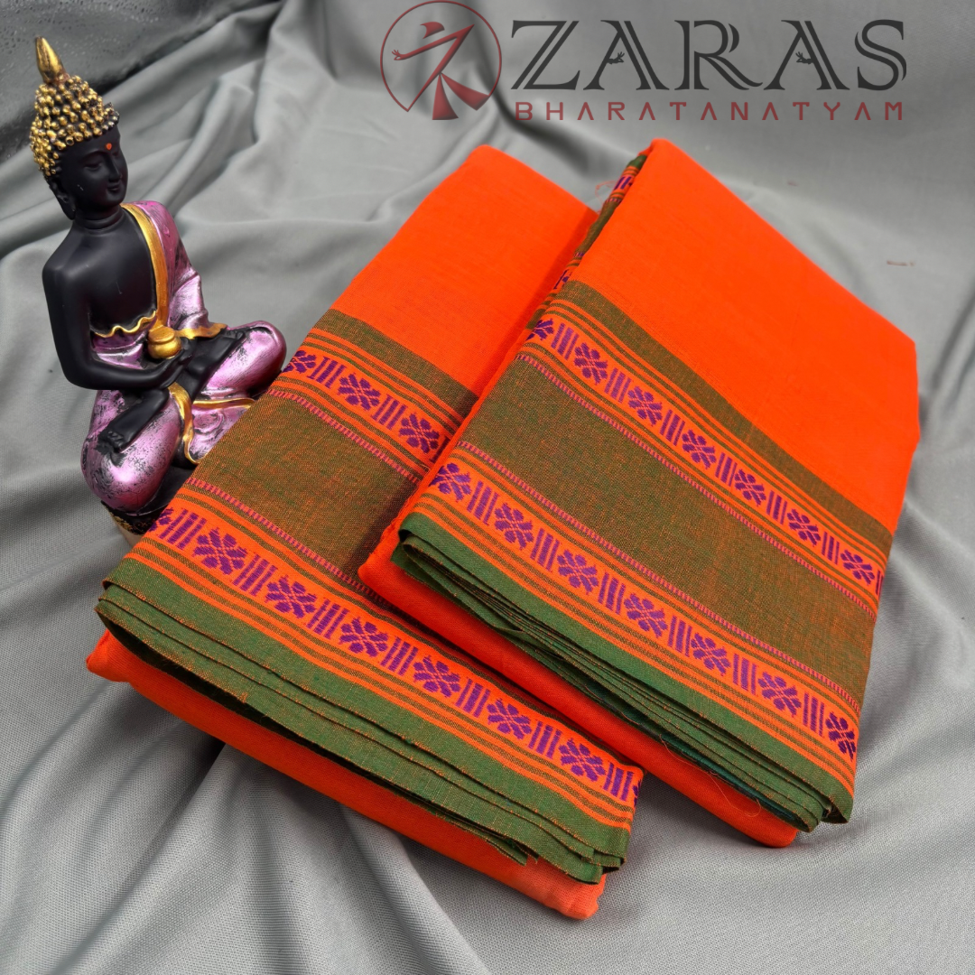 Bharatanatyam Dance Practice Saree - Orange with Green Double Flower Border image 2