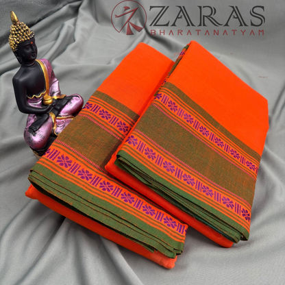 Bharatanatyam Dance Practice Saree - Orange with Green Double Flower Border image 2