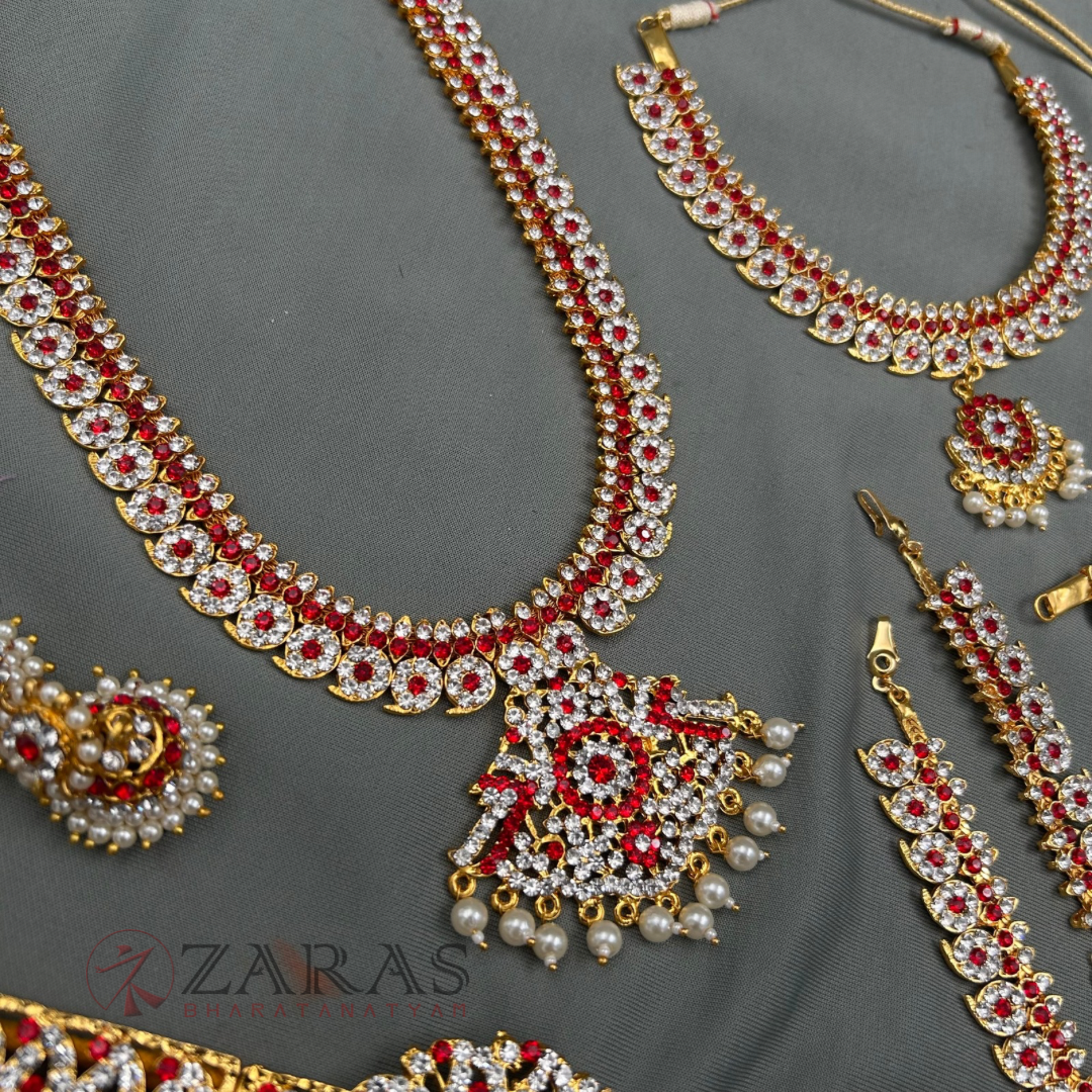 Bharatanatyam Dance Jewellery - Manga Full Set White Red Stone image 3