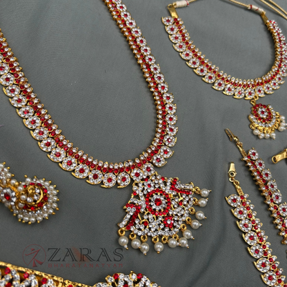 Bharatanatyam Dance Jewellery - Manga Full Set White Red Stone image 3