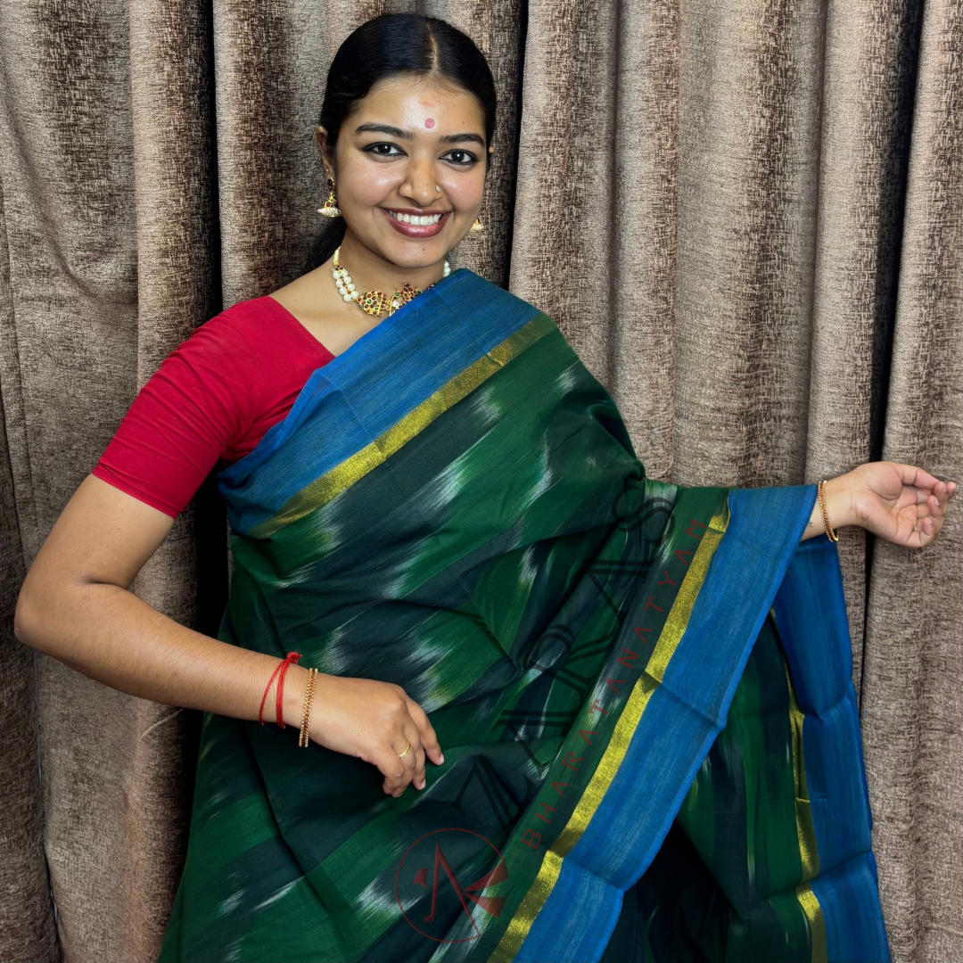 Bharatanatyam Dance Practice Saree - Dark Green with Blue Ikkat Design image 0