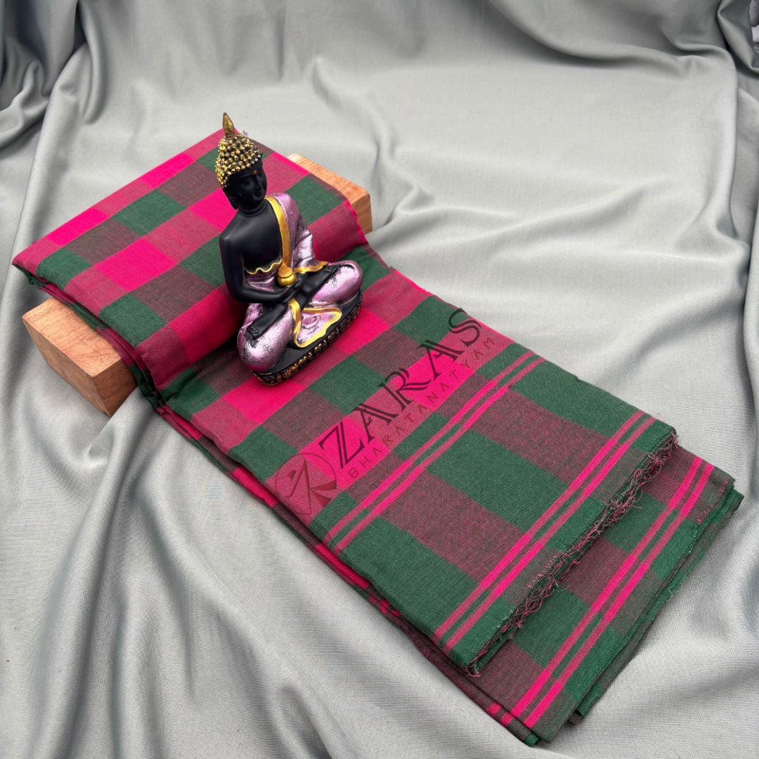 Bharatanatyam Dance Practice Saree - Green Mix Pink Checked Plain Border image 0