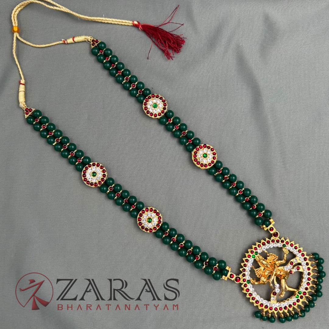 Bharatanatyam Dance Jewellery - Nadaraj Green Balls RG Kemp Haaram / Long Chain image 2
