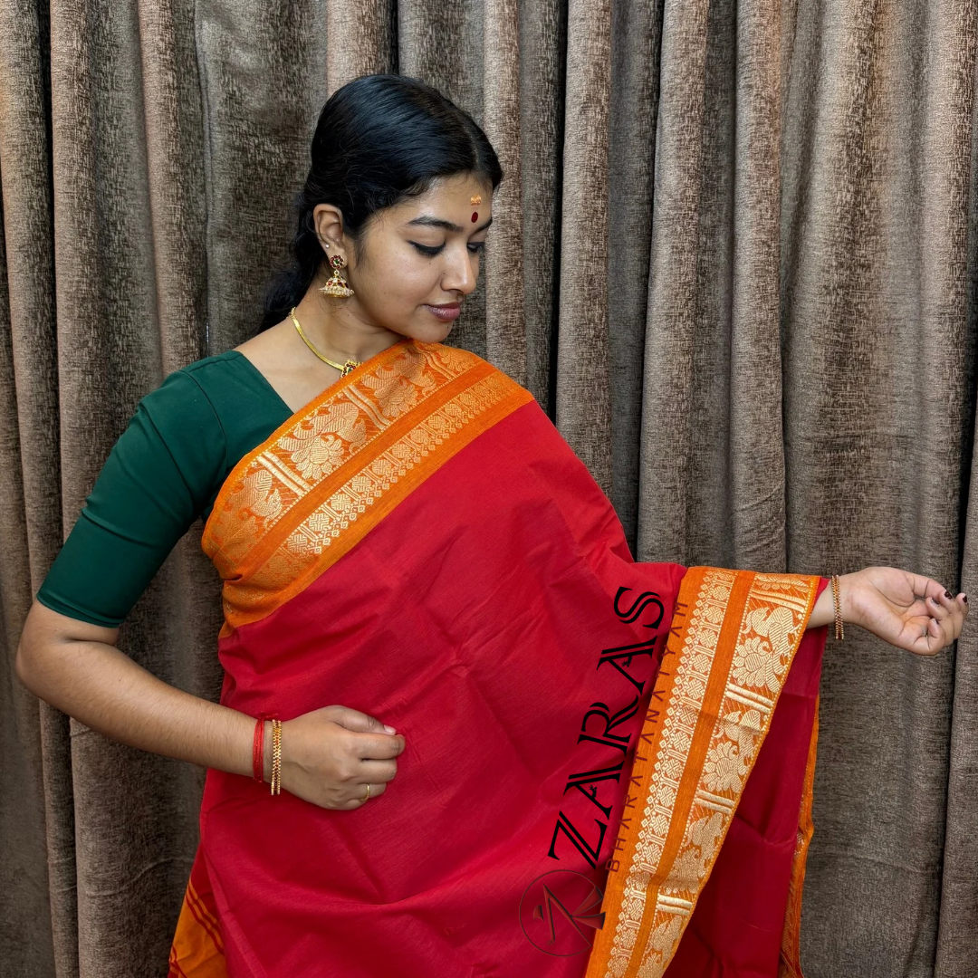 Bharatanatyam Dance Practice Saree - L Red Mus Gold Big Peacock Border image 0
