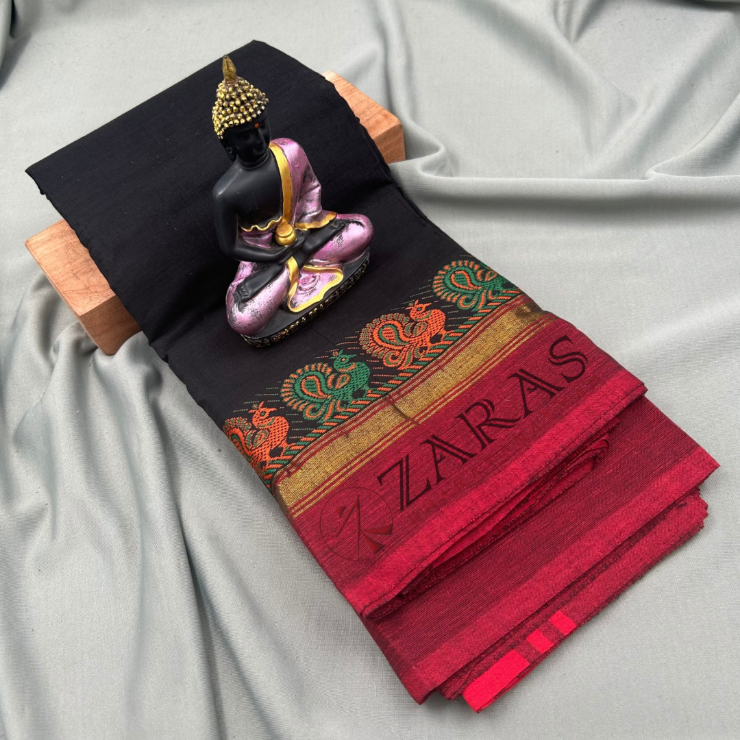 Bharatanatyam Dance Practice Saree - Black with Red S Peacock Border image 0