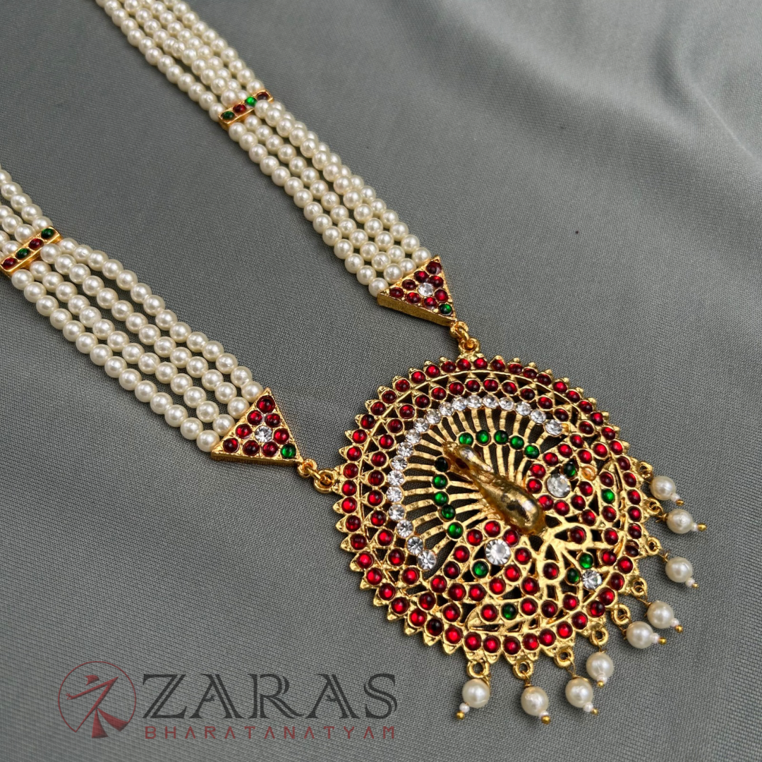 Bharatanatyam Dance Jewellery - 4 Lines Beads with Peacock Haaram / Long Chain image 3