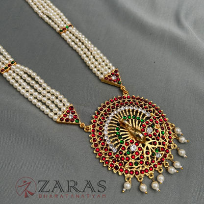 Bharatanatyam Dance Jewellery - 4 Lines Beads with Peacock Haaram / Long Chain image 3