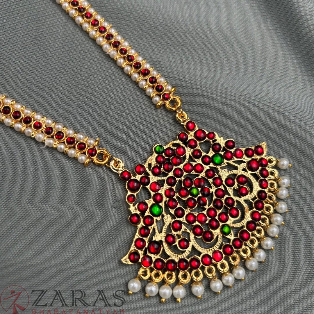 Bharatanatyam Dance Jewellery - Pea with Padak Pearls RG Kemp Haaram / Long Chain image 3