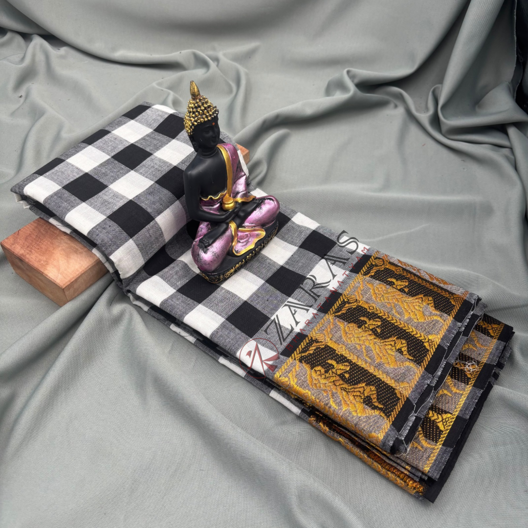 Bharatanatyam Dance Practice Saree - Black and White Checked With Gold Doll Border image 1