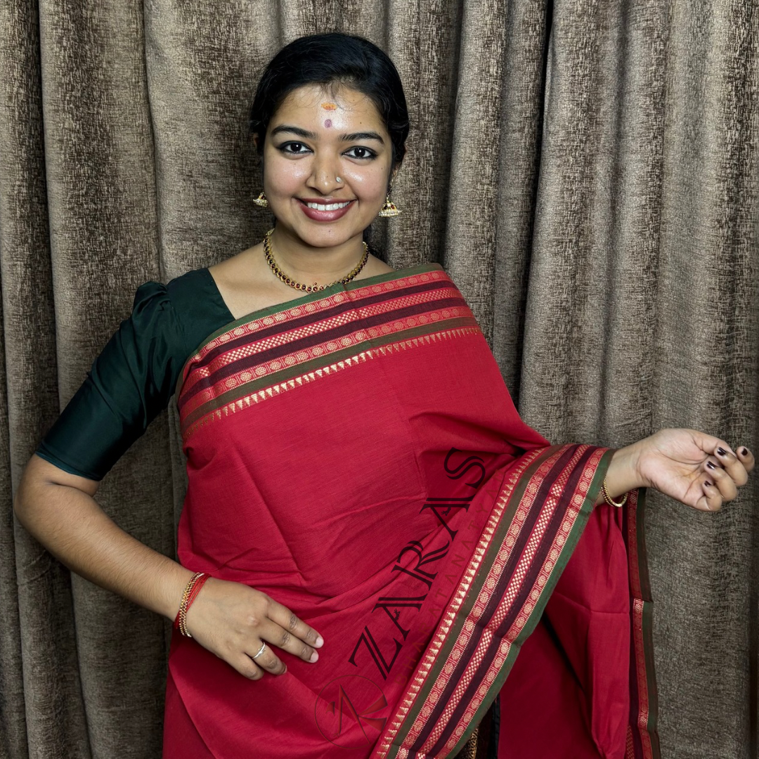 Bharatanatyam Dance Practice Saree - Red with Green Double Coin Border image 0