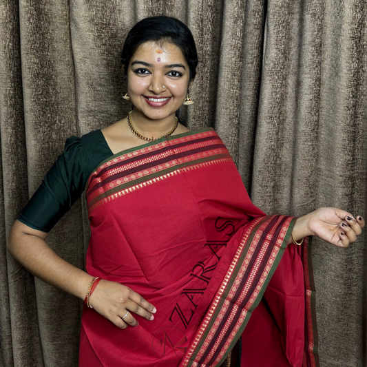 Bharatanatyam Dance Practice Saree - Red with Green Double Coin Border image 0