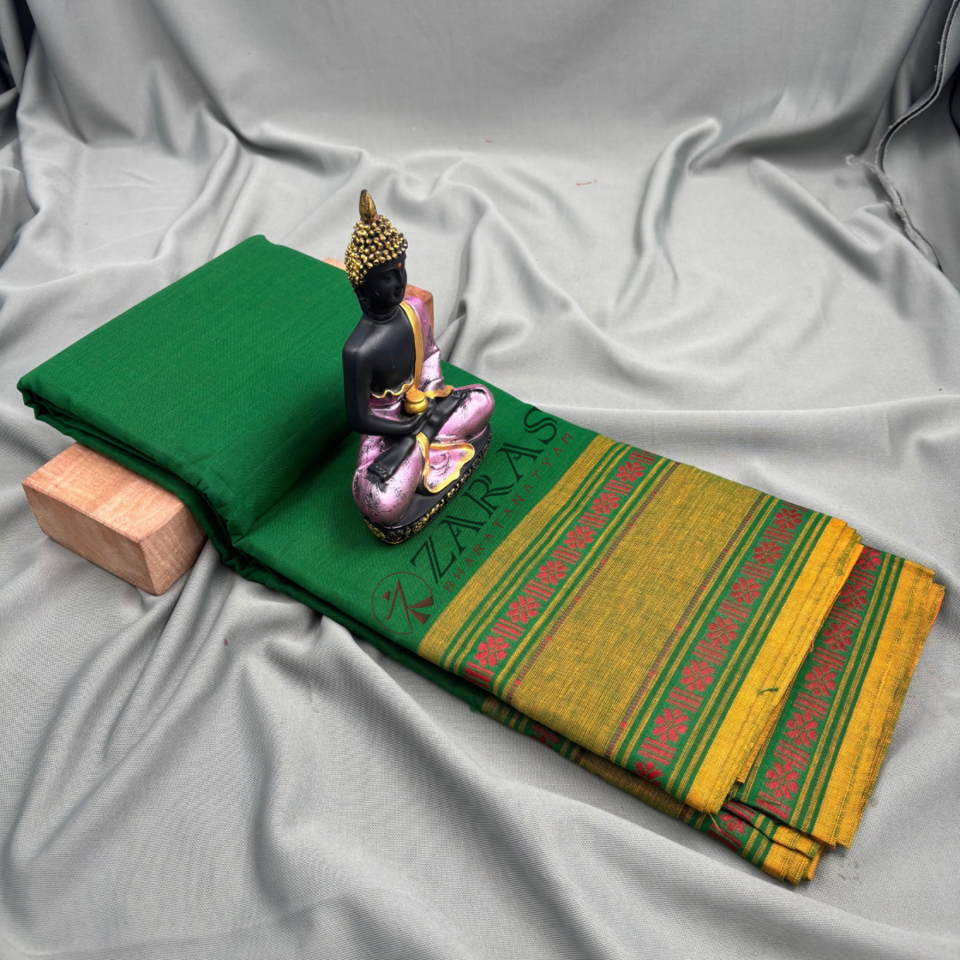 Bharatanatyam Dance Practice Saree - Green with Mustard Double Flower Border image 1