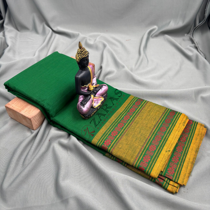Bharatanatyam Dance Practice Saree - Green with Mustard Double Flower Border image 1